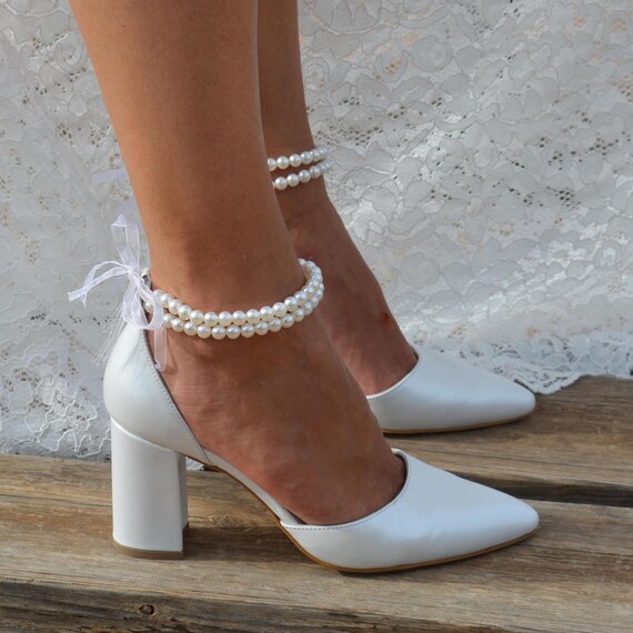 Women's Leather Bridal Block Heels/ D'orsay Pearl Strap Heels
