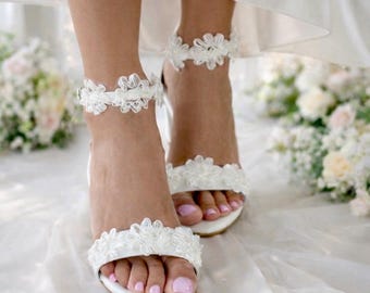 White Flower Bridal Sandals with Ankle Strap, Wedding Shoes