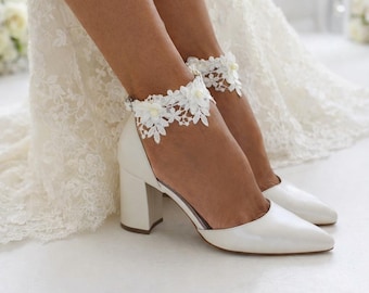Bridal block heels/ Bridal heels with lace/ Ivory Wedding shoes/ Wedding lace shoes/ Ankle strap heels/ Ankle strap pumps / Genuine leather