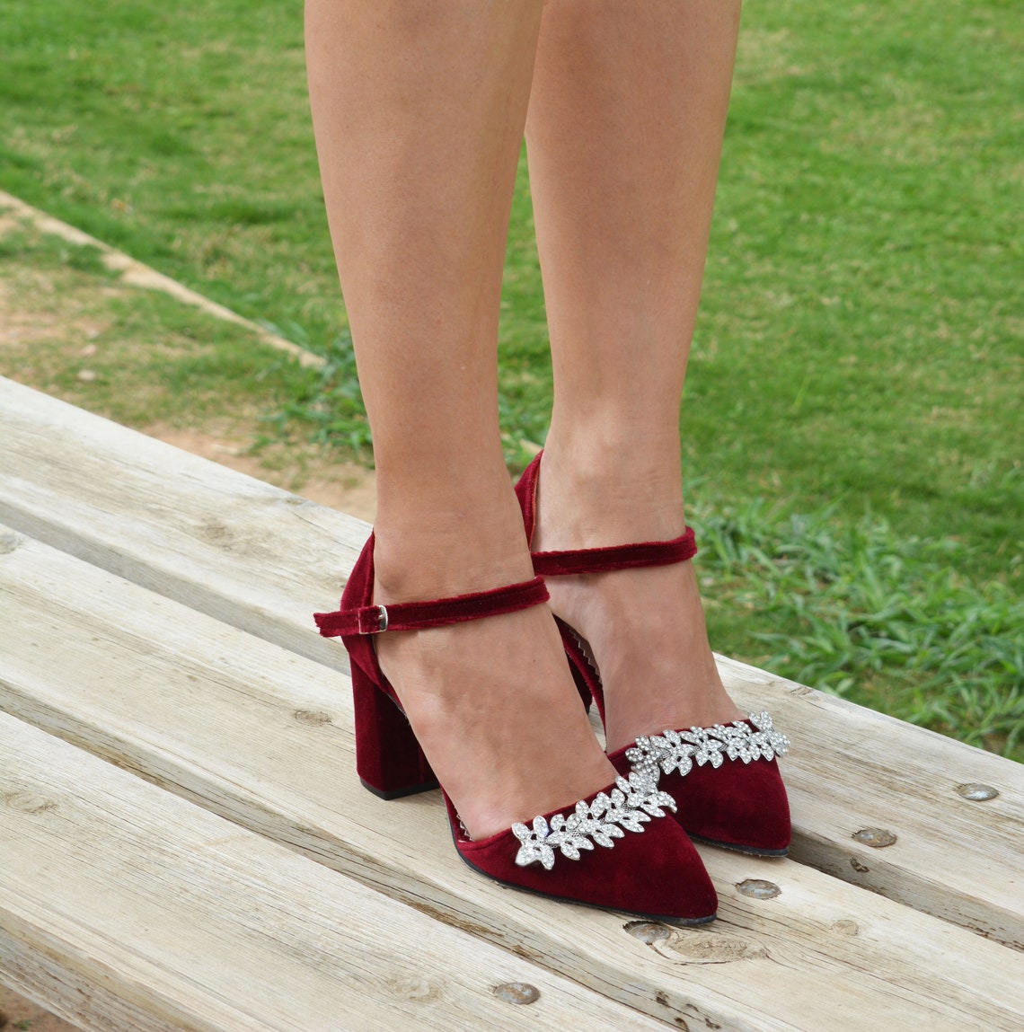 Velvet Block Heel Bridal shoes Ruby Red Velvet Heels Deep image 1