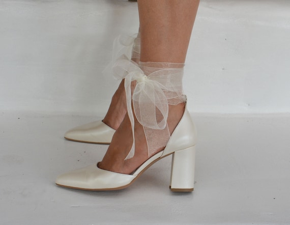 Block Heel Wedding shoes Block heel White leather wedding shoes Bridal shoes Wedding shoes Bridal heels Organza Laces ANGEL