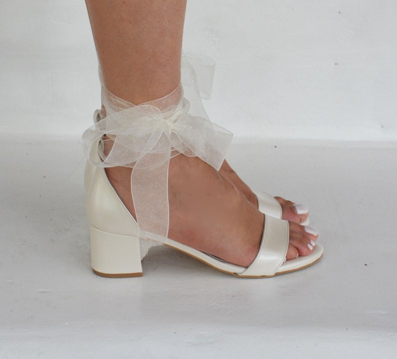 IVORY Wedding sandals Block heel/ Wedding Heels Organza Laces/ Ivory Bridal Heels/ Wedding shoes/ Ivory Leather sandals ''ANGEL'' 5cm (1.96'')