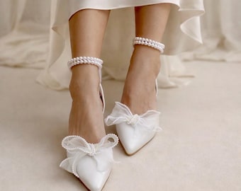 Ivory Satin Wedding Flats with Bow & Pearl Ankle Strap, Bridal Shoes