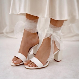 Ivory Leather Wedding Sandals with Organza Laces, Block Heel