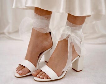 Ivory Leather Wedding Sandals with Organza Laces, Block Heel