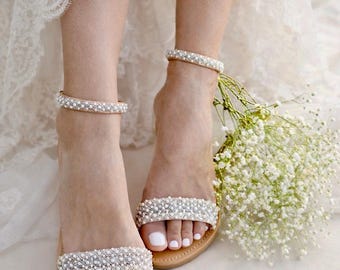 Handmade Pearl Bridal Sandals, Greek Leather Wedding Shoes