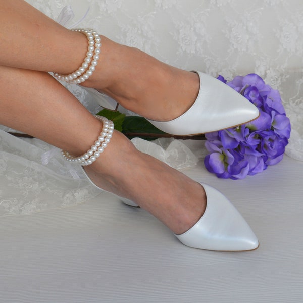 Escarpins à brides en perles d'Orsay pour femmes, faites main en cuir BLANC, chaussures de mariage, chaussures de mariée, escarpins à brides