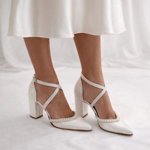 Ivory Wedding Shoes with Pearls, Block Heel Bridal Shoes