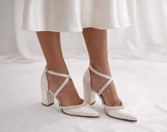 Ivory Wedding Shoes with Pearls, Block Heel Bridal Shoes