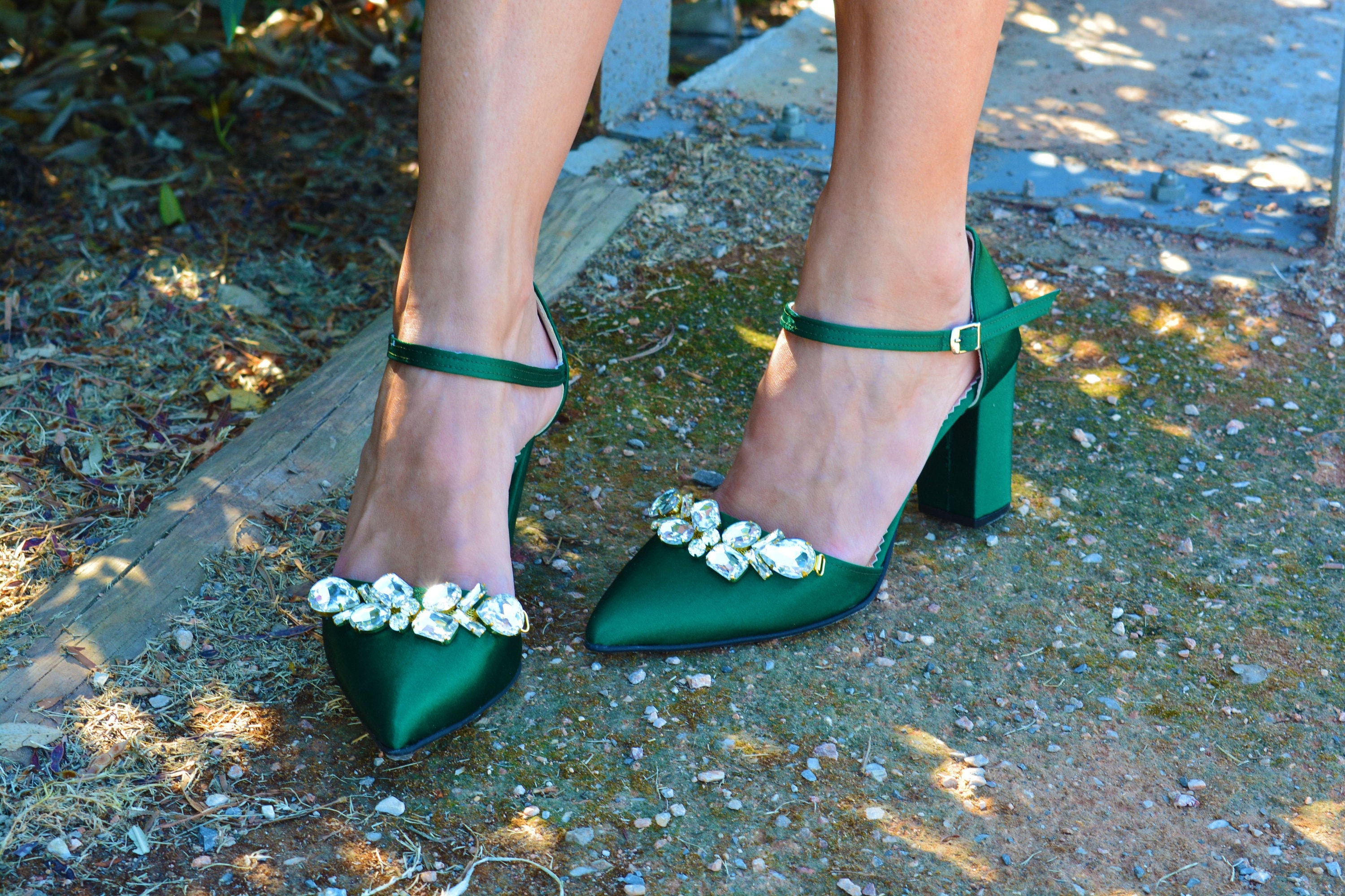 Emerald Green Wedding Shoes Block heel Wedding shoes Crystal | Etsy
