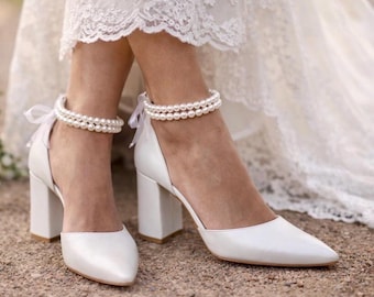 Ivory Wedding Shoes with Pearl Ankle Strap, Block Heel Bridal Shoes