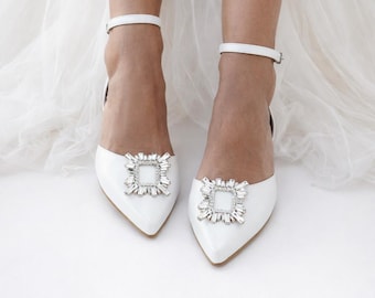 White Leather Wedding Flats: Jeweled Crystal Bridal Shoes