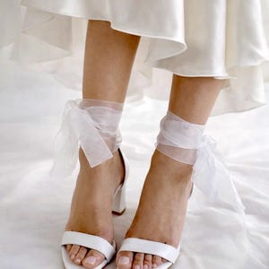 Handmade White Leather Wedding Sandals with Organza Laces image 5