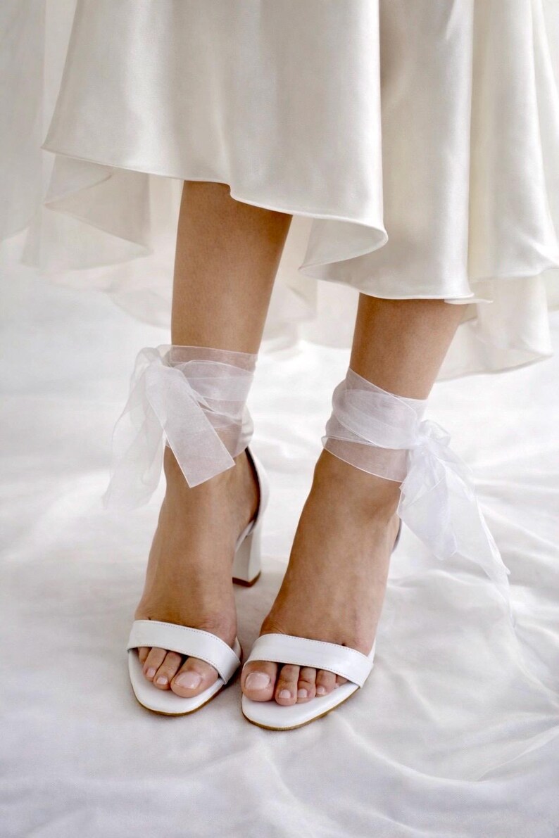 Handmade White Leather Wedding Sandals with Organza Laces image 5