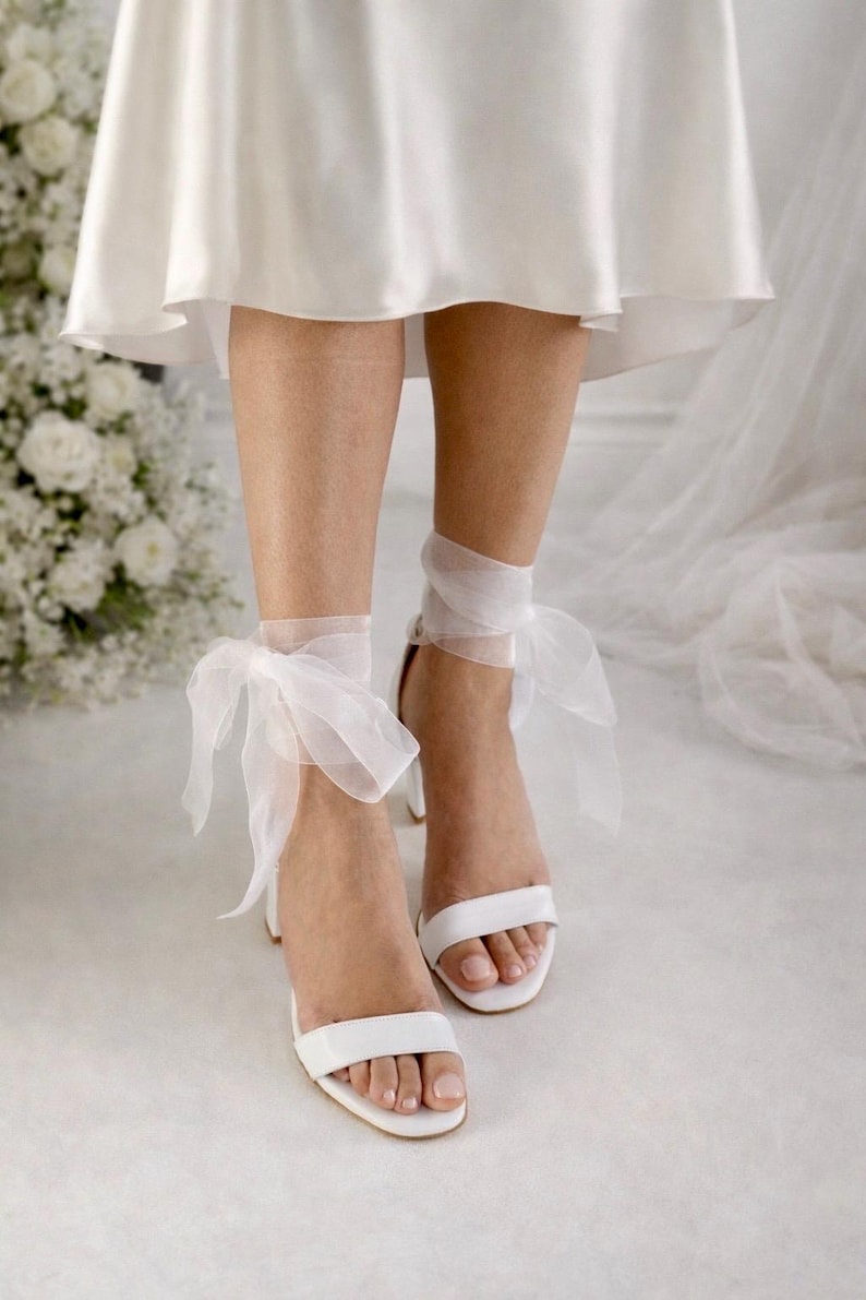 Handmade White Leather Wedding Sandals with Organza Laces image 2