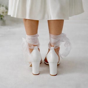 Handmade White Leather Wedding Sandals with Organza Laces image 6
