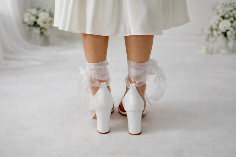 Handmade White Leather Wedding Sandals with Organza Laces image 6