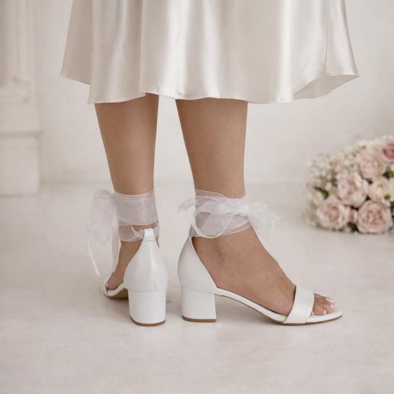 Handmade White Leather Wedding Sandals with Organza Laces image 7