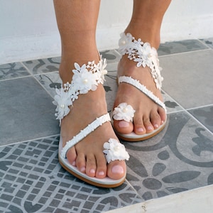 White Lace Wedding sandals, Bridal sandals, Beach wedding sandals, Wedding shoes flat, Bridal shoes, Greek leather sandals &#39;&#39;DIVINE&#39;