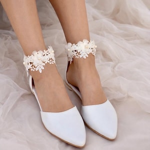 White Leather Wedding Flats: Crochet Lace Bridal Shoes
