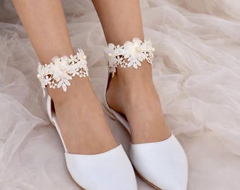 White Leather Wedding Flats: Crochet Lace Bridal Shoes