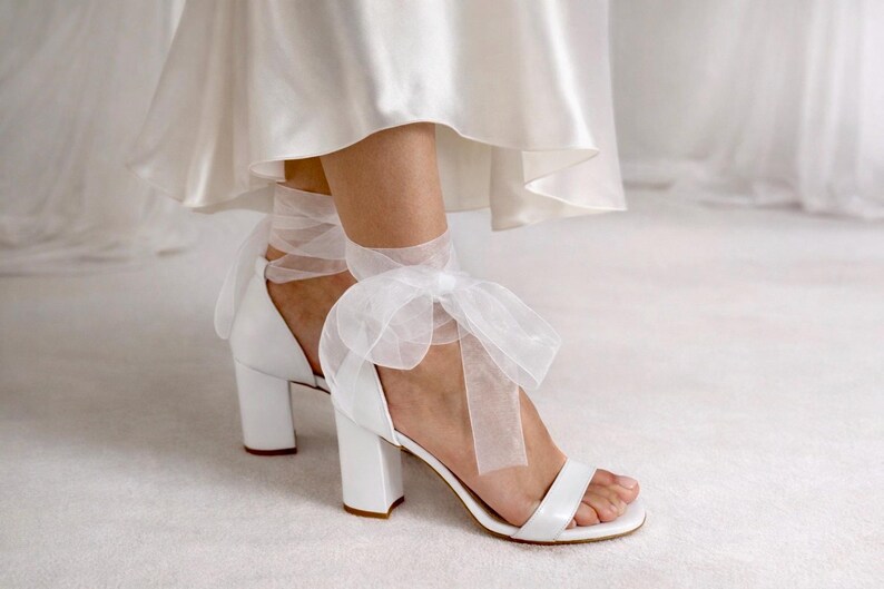 Handmade White Leather Wedding Sandals with Organza Laces image 4