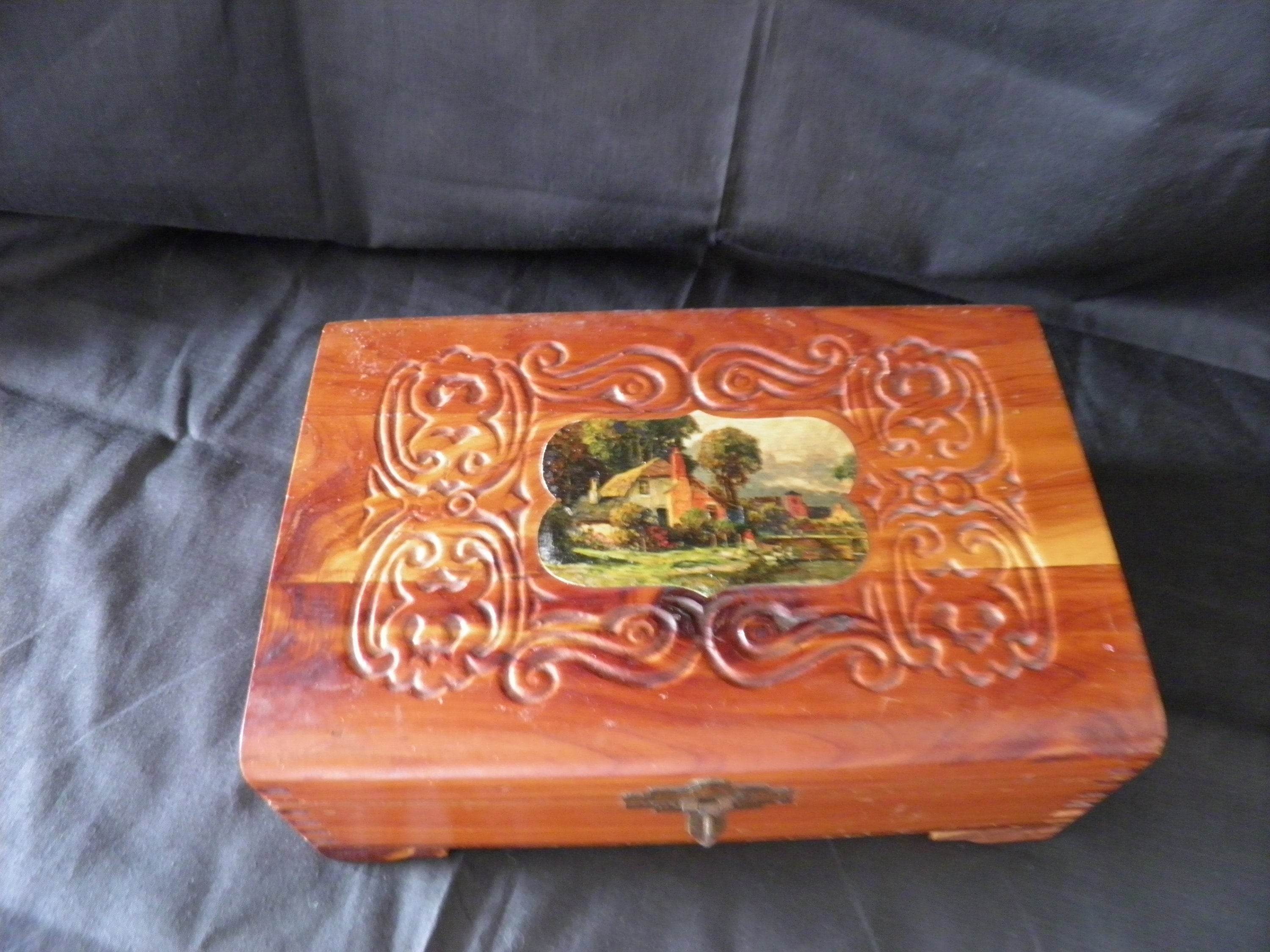 Jewelry Vintage Carved Wood Cedar Box with Dove Tailed Joints Storage or Organization