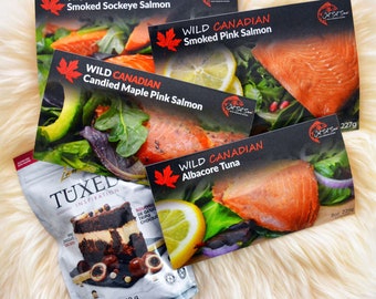 Smoked Salmon Christmas Food Gift Pack Featuring Wild Canadian Salmon + Tuna & Tuxedo Chocolates | Food Gift Box | Food Gifts | Foodie Gift