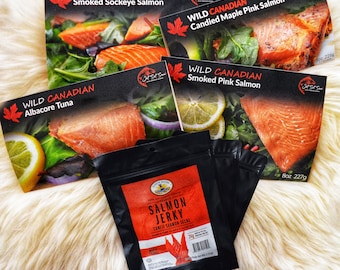 Smoked Salmon Christmas Food Gift Pack Featuring Wild Canadian Salmon, Smoked Tuna and 3 Packs of Salmon Jerky | Food Gift Box | Food Gifts