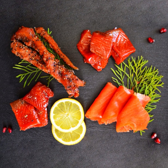 Smoked Salmon Sampler Christmas Gift Basket Gourmet Food Box Featuring 1/2  Lbs Each of Wild Salmon Lox, Salmon Candy, Salmon Nuggets - Etsy