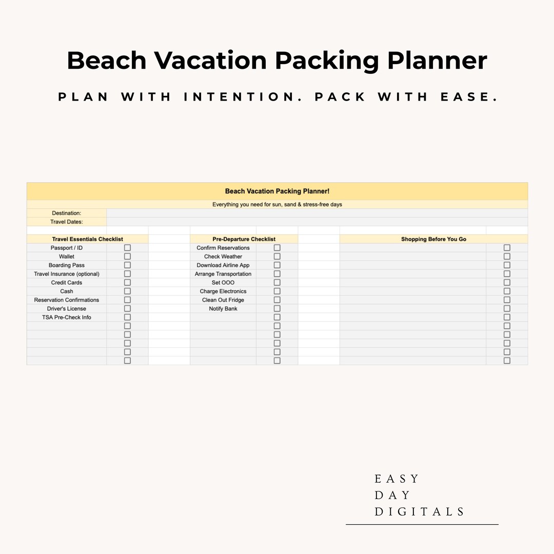 Beach Vacation Packing Planner Template | Editable Google Sheets - Etsy