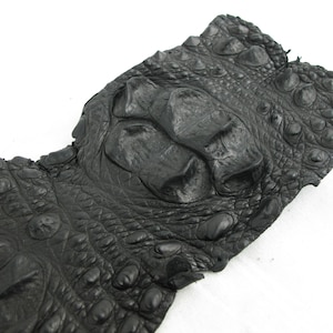 May include: A piece of black crocodile skin leather featuring a distinct, raised, and textured scale pattern. The hide displays a natural, irregular arrangement of large, bony osteoderms and smaller, tightly packed scales across its surface.