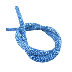Könnte beinhalten: Eine flexible Schnur mit einer leuchtend blauen Rochenleder-Textur, die ein sich wiederholendes Muster aus kleinen, weißen, kreisförmigen Knoten aufweist. Die Schnur ist zu einer lockeren Schlaufe gebunden und zeigt die körnige Oberfläche.