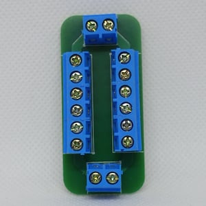 Puede incluir: Una placa de circuito verde con terminales de tornillo azules. Hay dos filas de ocho terminales cada una.