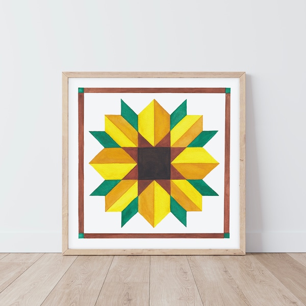 Scenic Road sunflower barn quilt watercolor art print