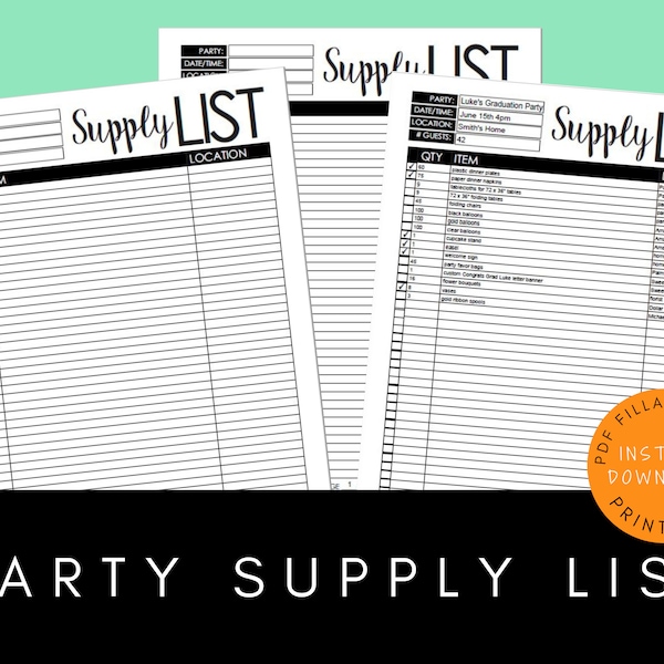 Supply List Template | Fillable PDF | Party Planning Printable | Digital PDF | Party Planning Checklist | Party Planner Print | PDF Form