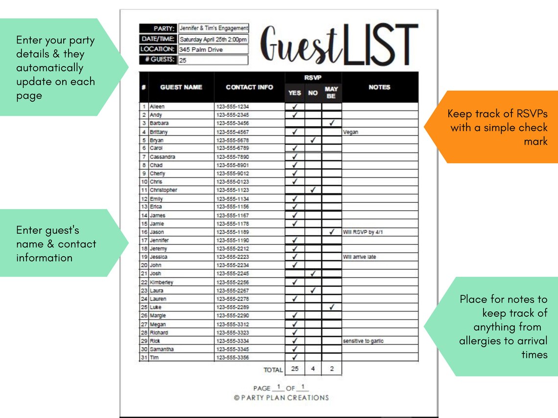 Guest List Template Party Planning Guide RSVP Tracker Etsy