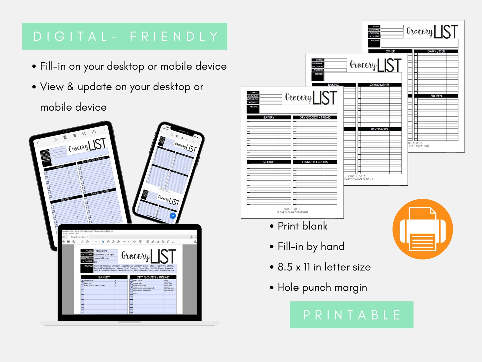 Grocery List Printable Party Planning Checklist Digital Party Planner