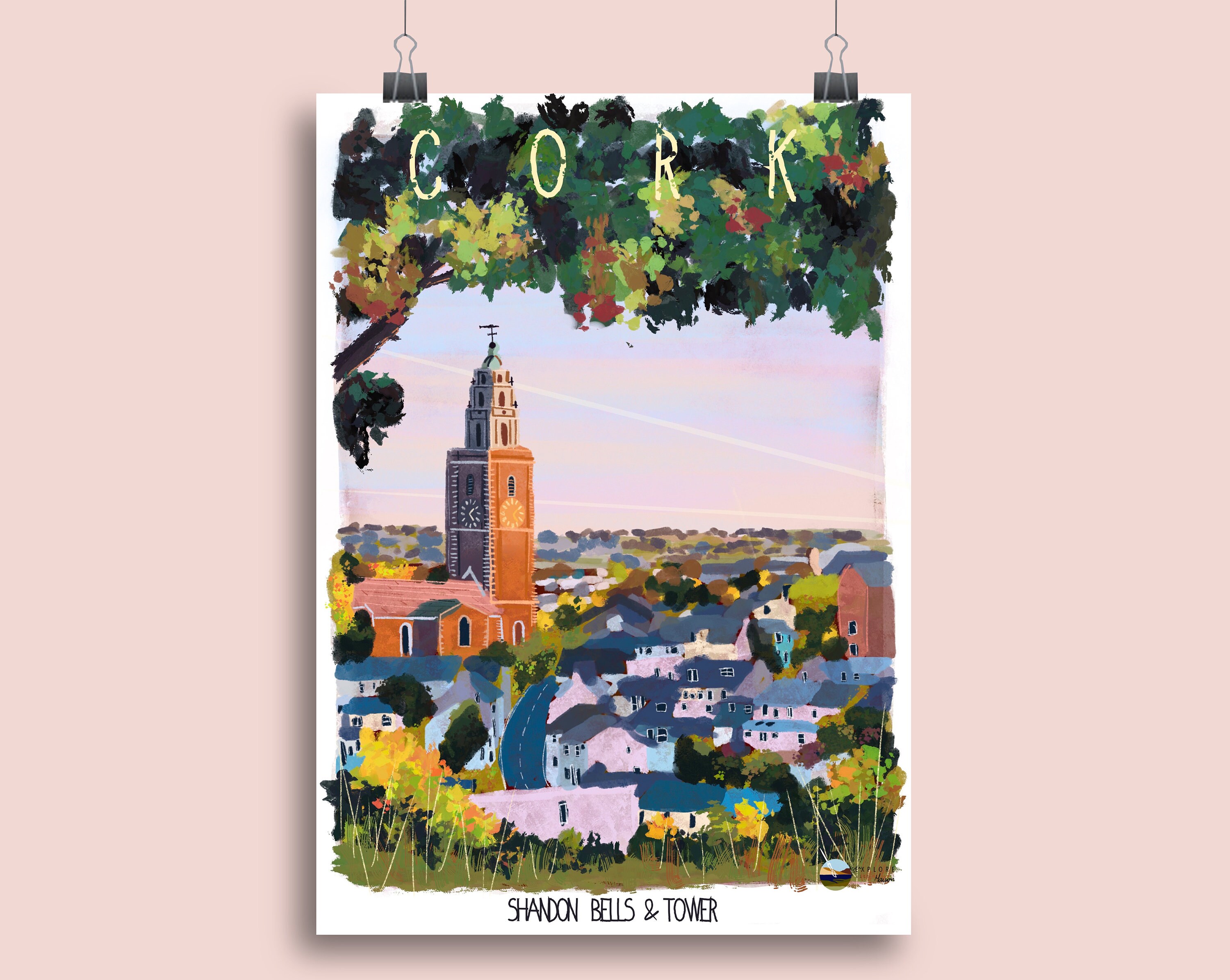 Shandon Bells & Tower, Cork, County Ireland. A4, Print, Illustration.