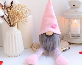 Pink gnome with long legs gift Valentine's day Heart little elf shelf  Tired tray decor
