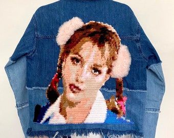 Britney Spears - Baby One More Time - DIY Faux Fur Denim Patchwork Jacket with Handmade Crochet Portrait - Vintage One of a Kind