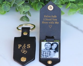 Personalized Leather Photo Keychain, Drive Safe, First Time Dad Mom Gift - Birthday, Anniversary, Memorial Daddy, Grandfather, Father's Day