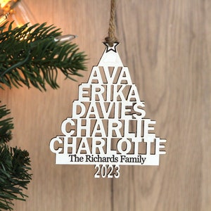 Personalized Family Ornament With Pets Name, Family Tree Name Christmas Ornament, Family Custom Wood Tree Shaped Grandchildren Ornament