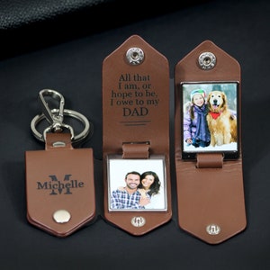 Cadeau voor hem met initialen voor papa, gepersonaliseerde leren fotosleutelhanger, Drive Safe, persoonlijk handgeschreven bericht, verjaardagscadeau mannen