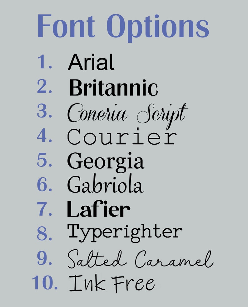 K&ouml;nnte beinhalten: Auf hellgrauem Hintergrund stehen die Worte "Font Options" in Blau. Darunter sind zehn Schriftarten aufgelistet, nummeriert von 1-10, wobei jeder Schriftname in einem anderen Stil gehalten ist, darunter Arial, Britannic, Coneria Script, Courier, Georgia, Gabriola, Lafier, Typerighter, Salted Caramel und Ink Free.