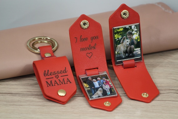 Personalized Leather Photo Keychain: Engraved Gift, Gold Hardware