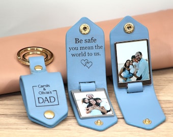 Personalized Leather Photo Keychain: Engraved Message, Gold Hardware
