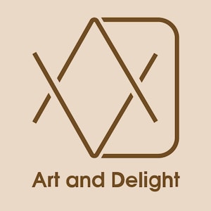 May include: A brown logo with a geometric design of overlapping lines and a square. The text "Art and Delight" is below the logo.