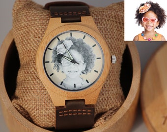 Wooden Leather Photo Watches, Personalized Wooden Watches With Leather Strap, Typed Or Custom Handwritten Messages, Fathers Day Gift