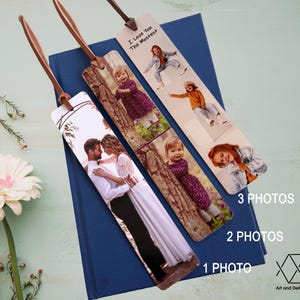 May include: Three personalized bookmarks with different photo layouts. The bookmarks are made of wood and have a brown leather strap. The text on the bookmark reads "I love you the mostest".